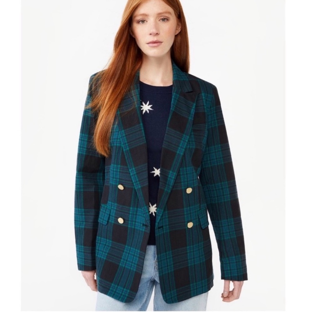 Free Assembly Green Black Plaid Double Breasted Blazer Jacket Gold Button Women